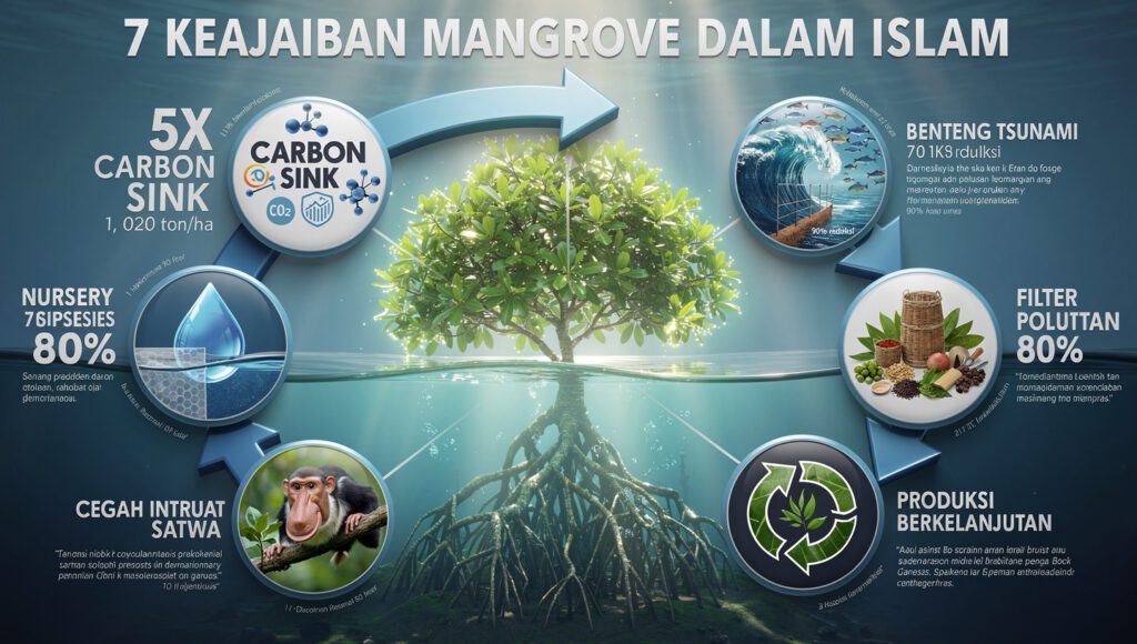 “Mangrove dalam islam dengan akar tunjang di pesisir Indonesia yang melindungi desa Muslim dari abrasi dan menjadi sumber rezeki halal nelayan”