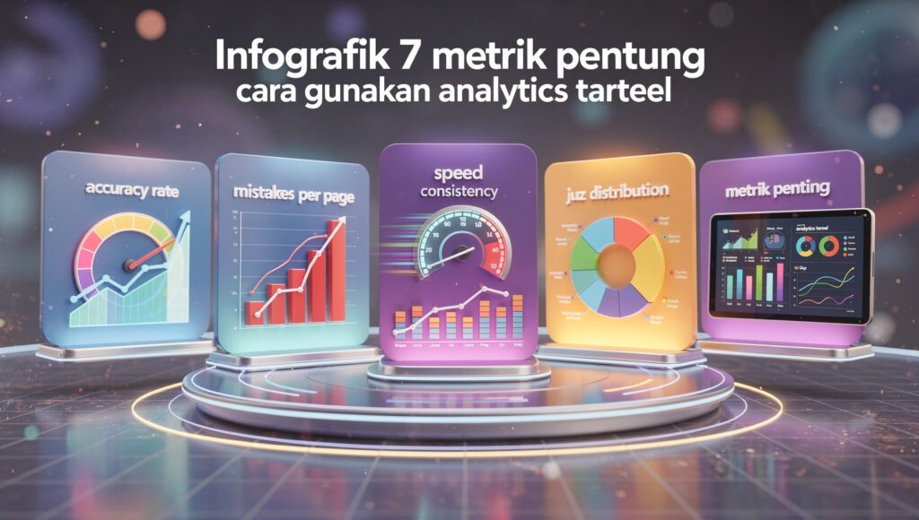 "Infografik 7 metrik penting cara gunakan analytics tarteel: accuracy rate, mistakes per page, speed, consistency, juz distribution"