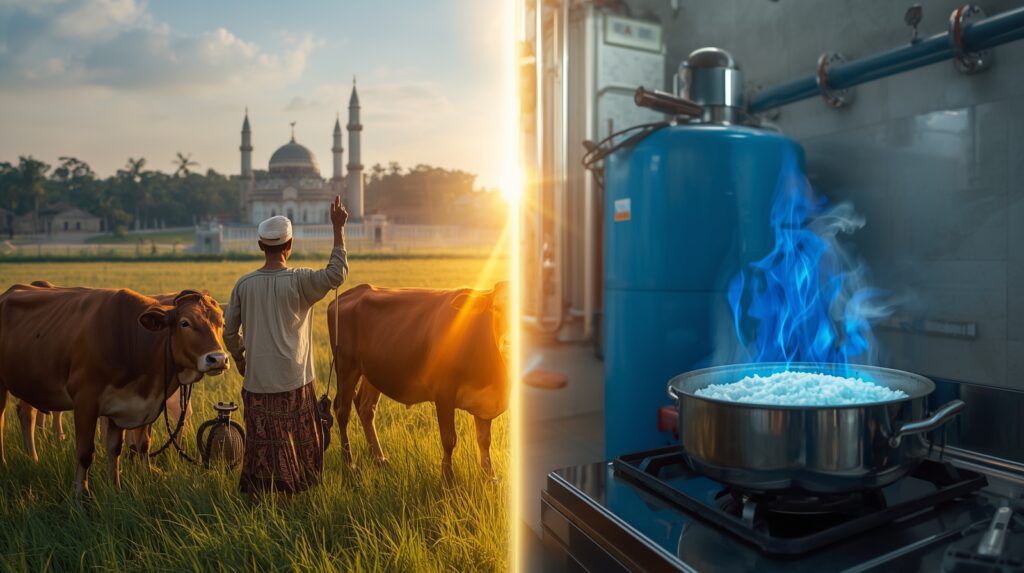 Biogas kotoran sapi halal menurut hukum Islam - proses istihālah mengubah najis menjadi energi bersih untuk memasak di pesantren dan masjid Indonesia