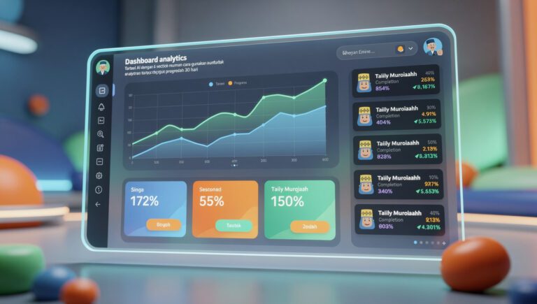 "Dashboard analytics Tarteel AI dengan 4 section utama untuk cara gunakan analytics tarteel track progress murojaah 30 hari"