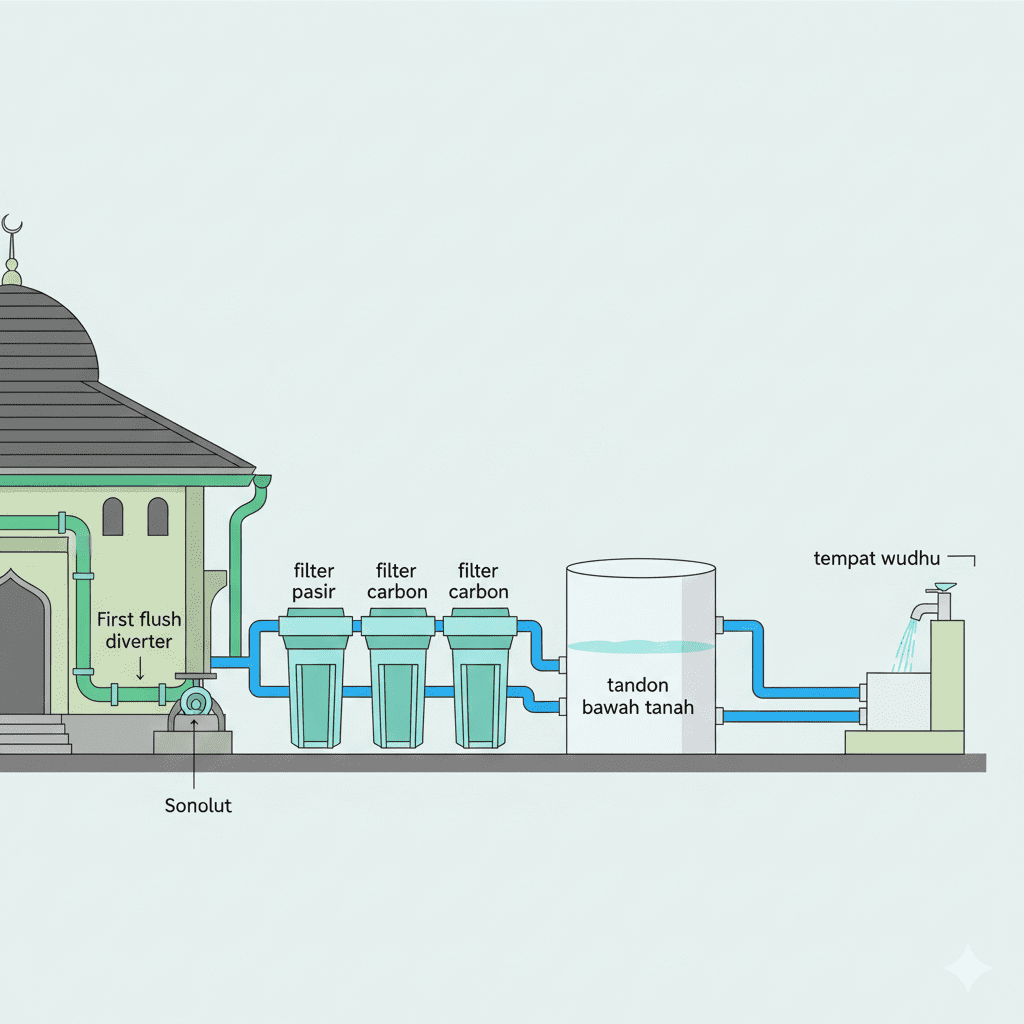 diagram sistem rainwater harvesting pesantren dari atap hingga tandon dan titik wudhu
