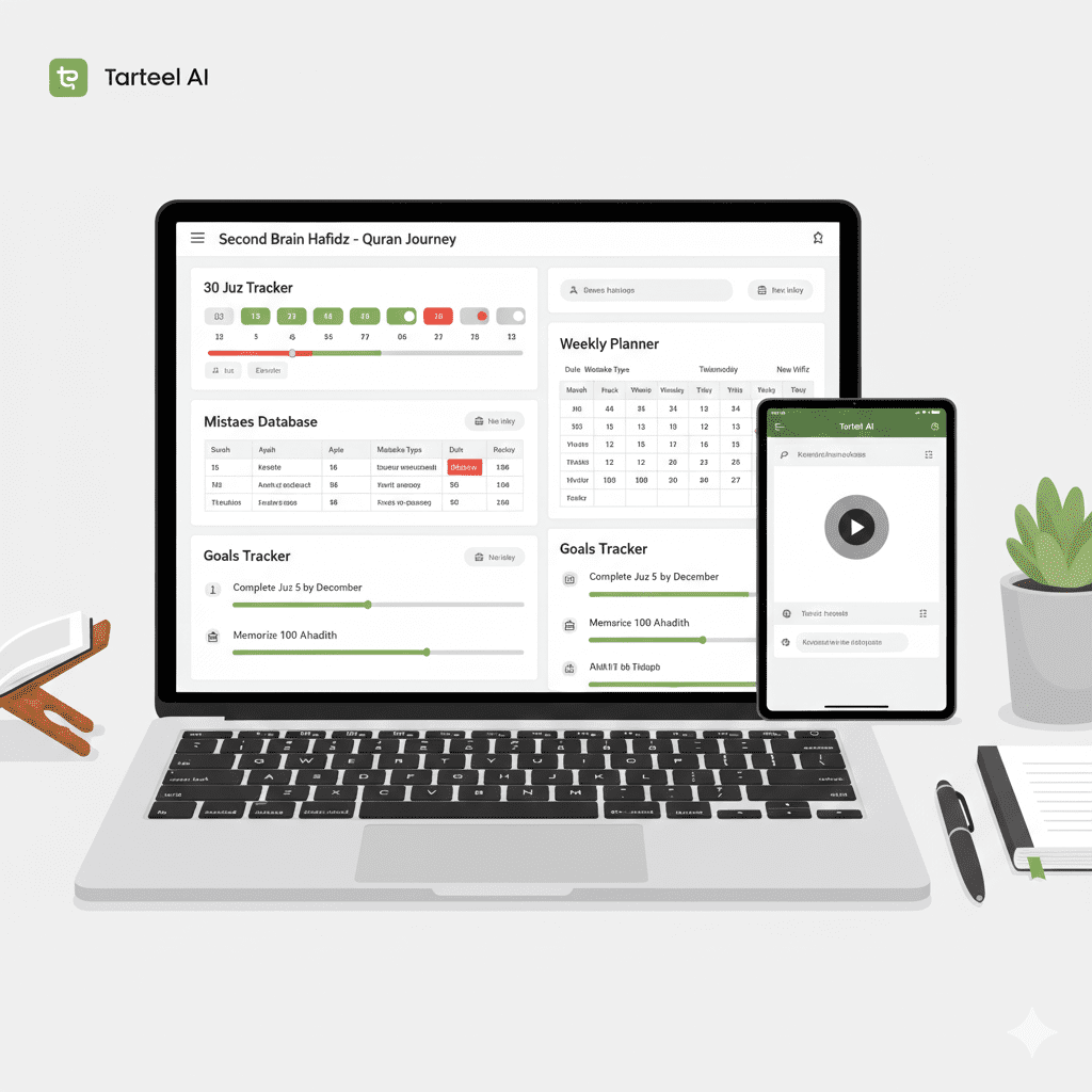 Fitur Notion Template Murojaah Tarteel dengan dashboard 30 juz dan database kesalahan