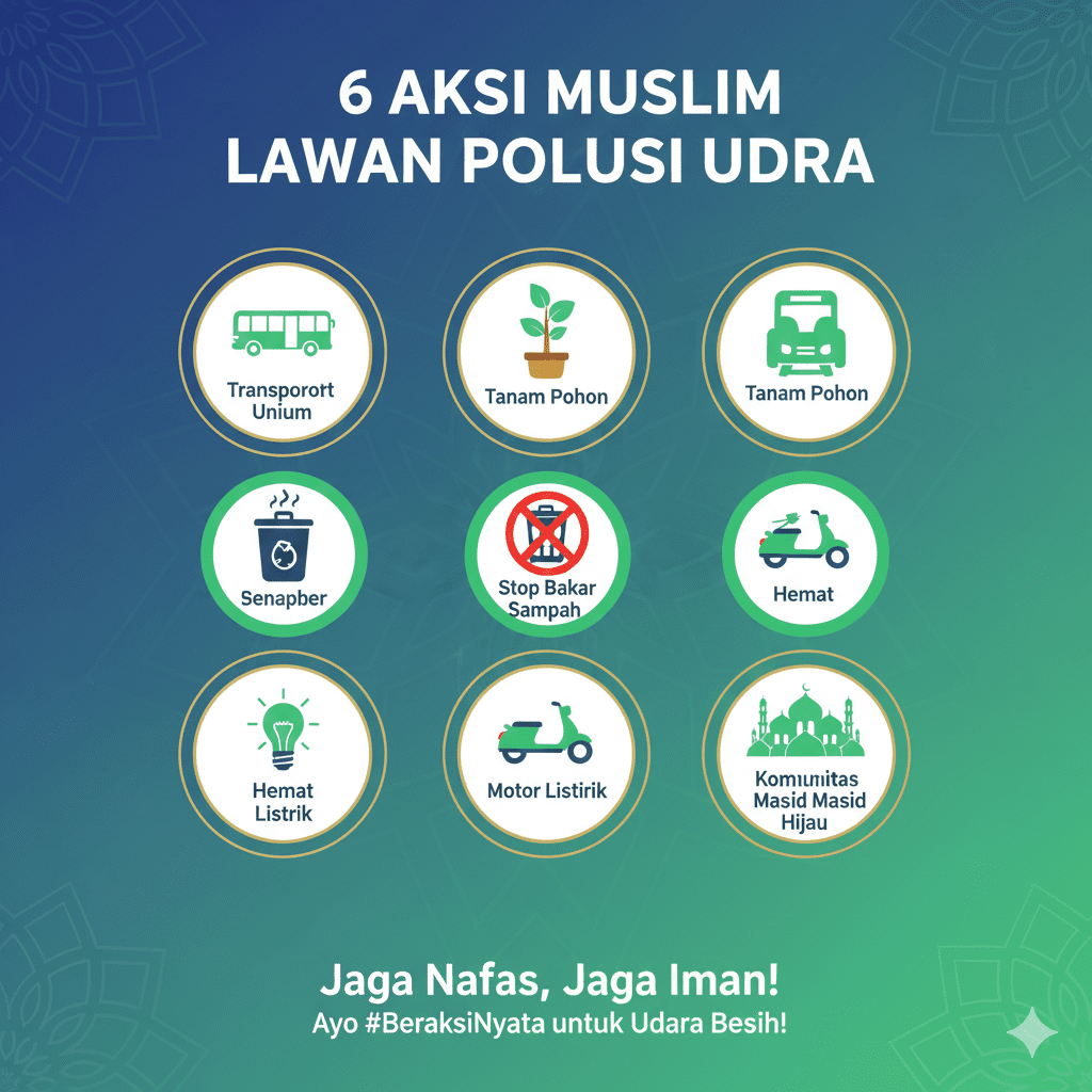 infografik 6 langkah muslim mengurangi jejak karbon terkait islam dan polusi udara”