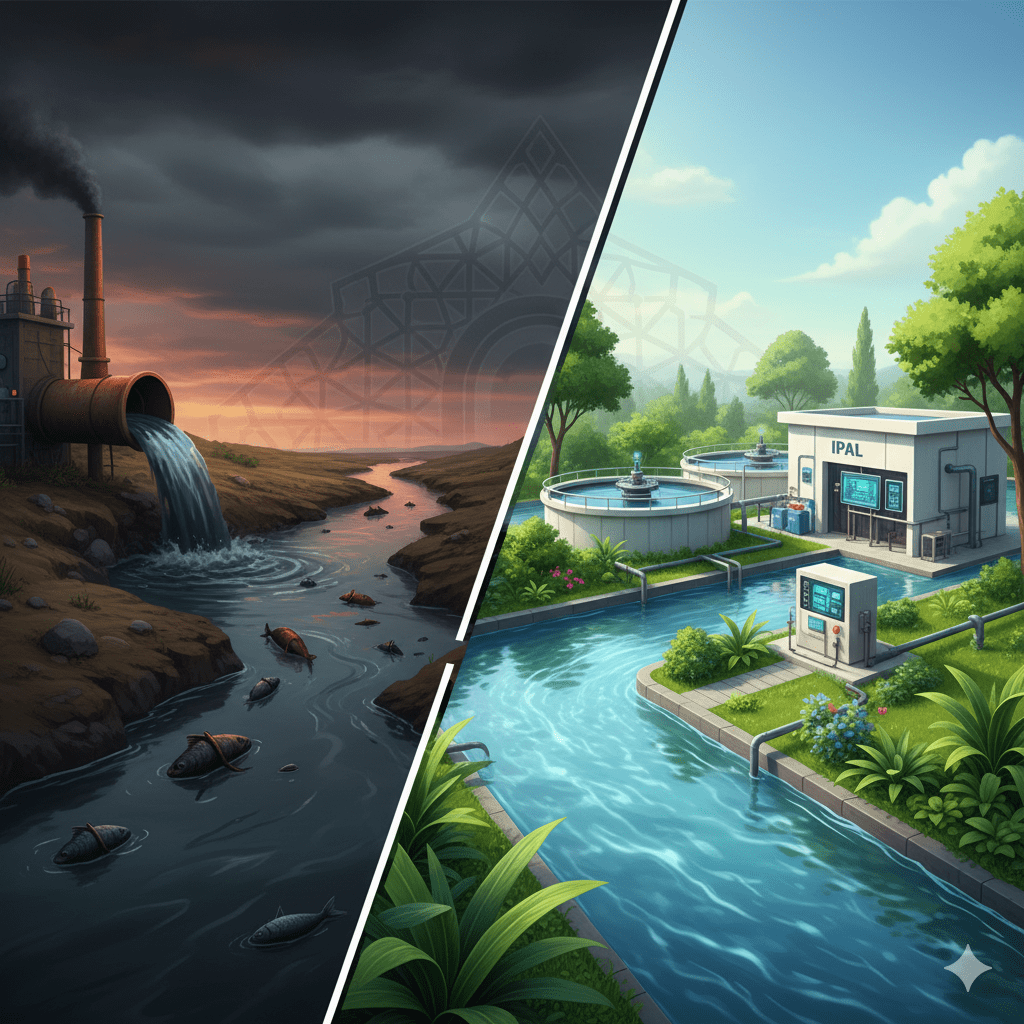 ilustrasi sungai tercemar dan instalasi ipal sebagai solusi hukum limbah pabrik islam