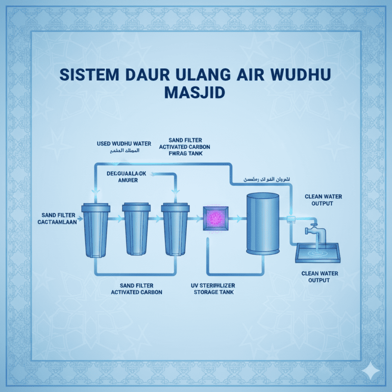 "Diagram sistem daur ulang air wudhu masjid dengan teknologi filter halal menurut syariah Islam"