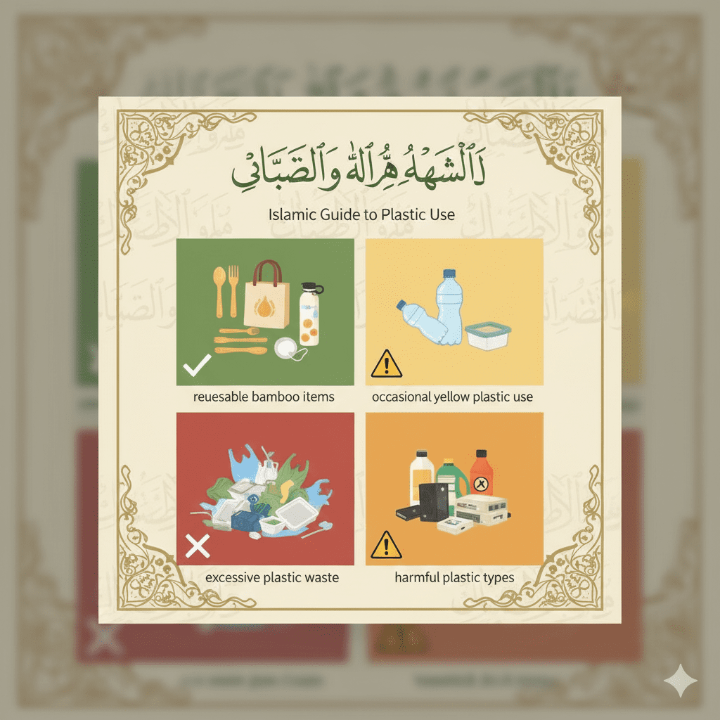 Infografis 4 kategori hukum plastik sekali pakai dalam Islam: mubah, makruh, haram, dan darurat