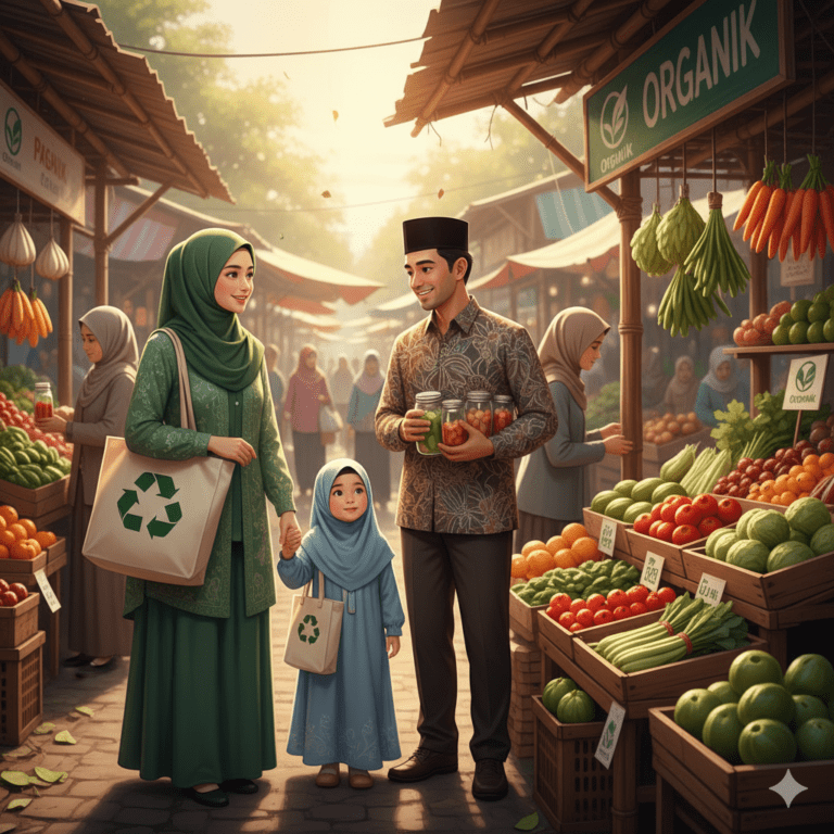 Ilustrasi keluarga Muslim memilih makanan organik sunnah atau tren di pasar tradisional
