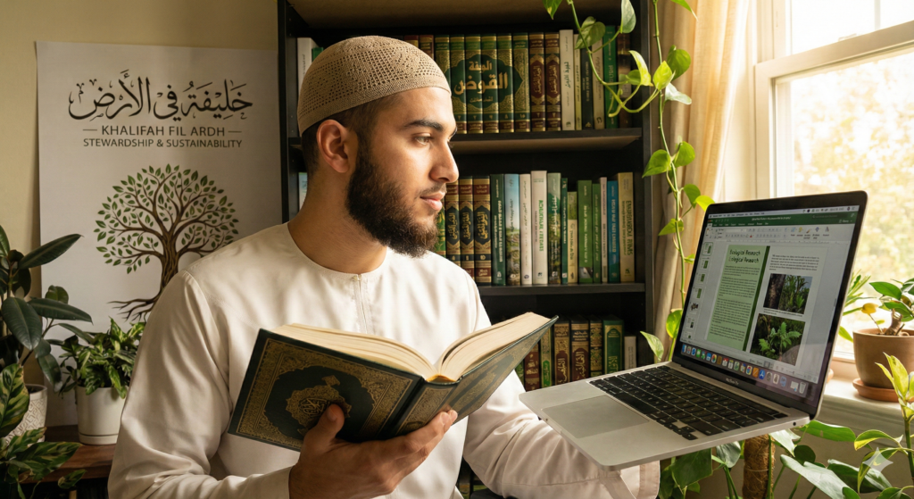 Ilustrasi generasi muda muslim mempelajari konsep khalifah NU Muhammadiyah dengan perspektif fiqh dan ekologi.