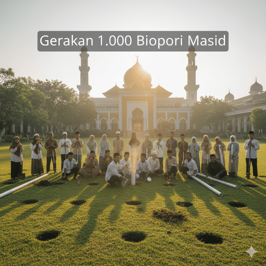 gerakan biopori di halaman masjid oleh santri dan remaja masjid sebagai sedekah jariyah lingkungan