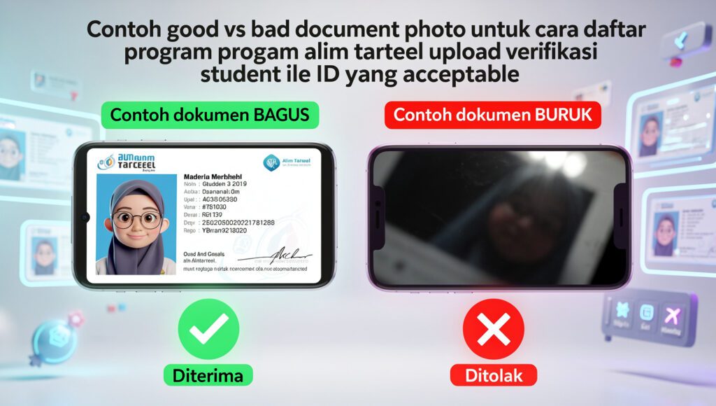 "Contoh good vs bad document photo untuk cara daftar program alim tarteel upload verifikasi student ID yang acceptable"