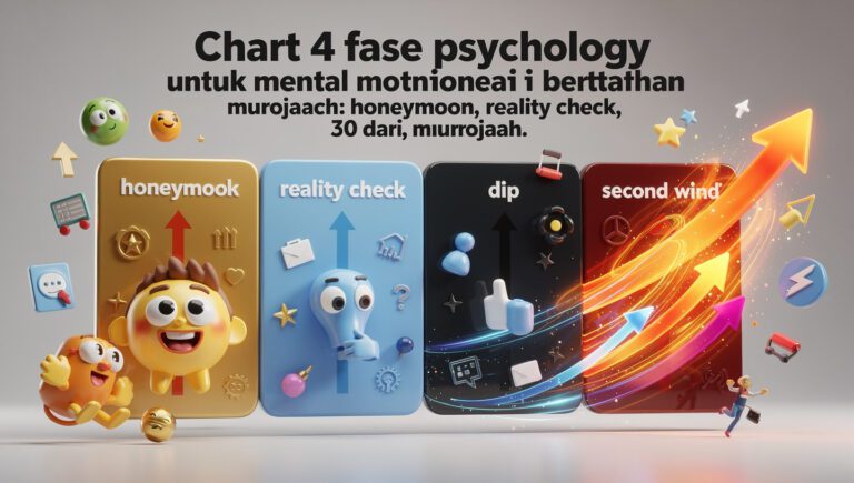 "Chart 4 fase psychology habit formation untuk mental motivasi bertahan 30 hari murojaah: honeymoon, reality check, dip, second wind"