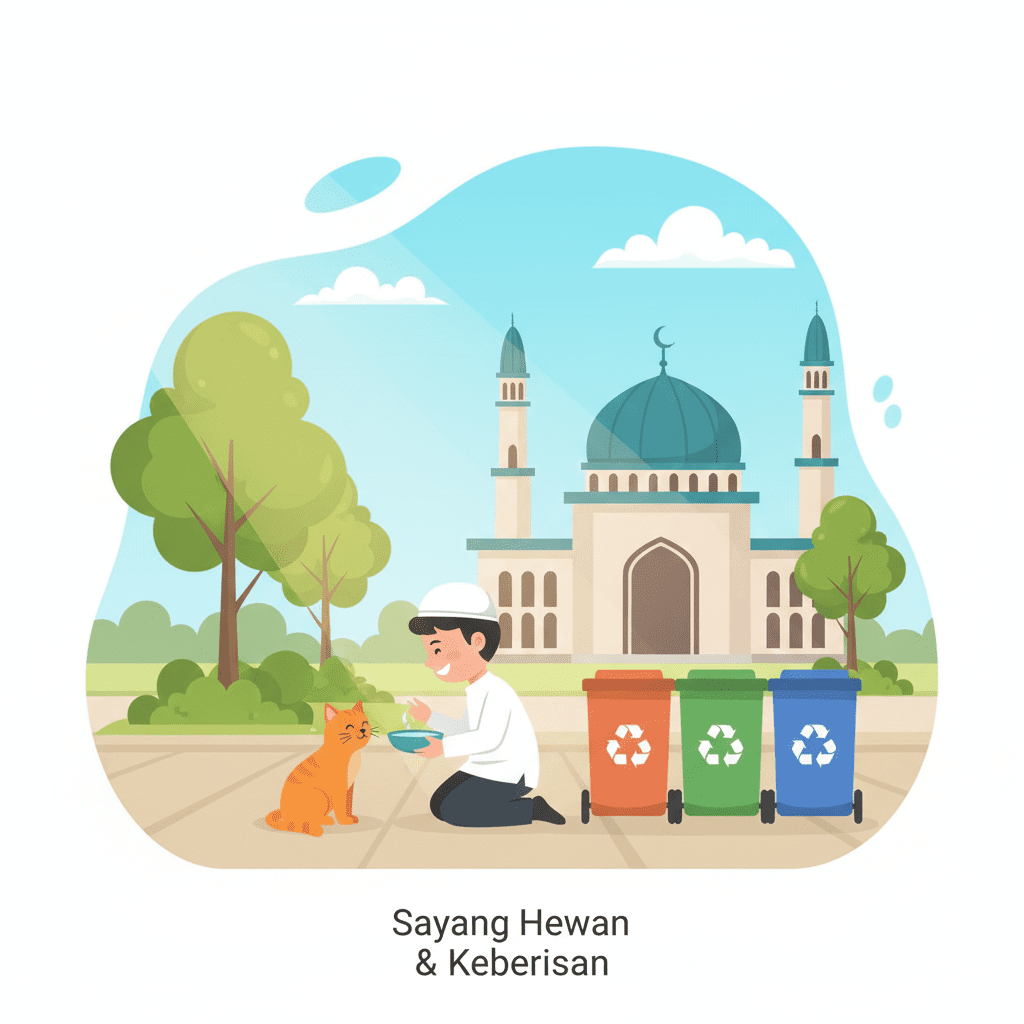 Praktik sayang hewan dan menjaga kebersihan berdasarkan hadits sahih tentang lingkungan.