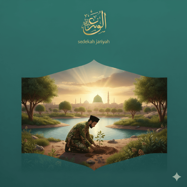 Ilustrasi hadits sahih tentang lingkungan yang menggambarkan muslim menanam pohon sebagai sedekah jariyah.