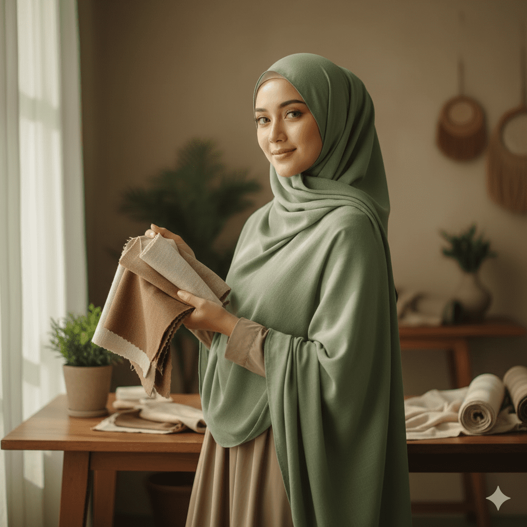 Muslimah Indonesia memegang sampel kain hijab organik katun, tencel, dan linen di studio fashion berkelanjutan, menunjukkan pilihan hijab ramah lingkungan berkualitas tinggi