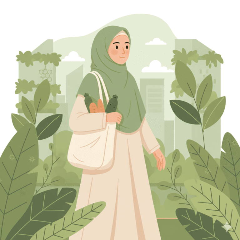 Muslimah memakai hijab ramah lingkungan dari bahan organik sambil membawa tas kain
