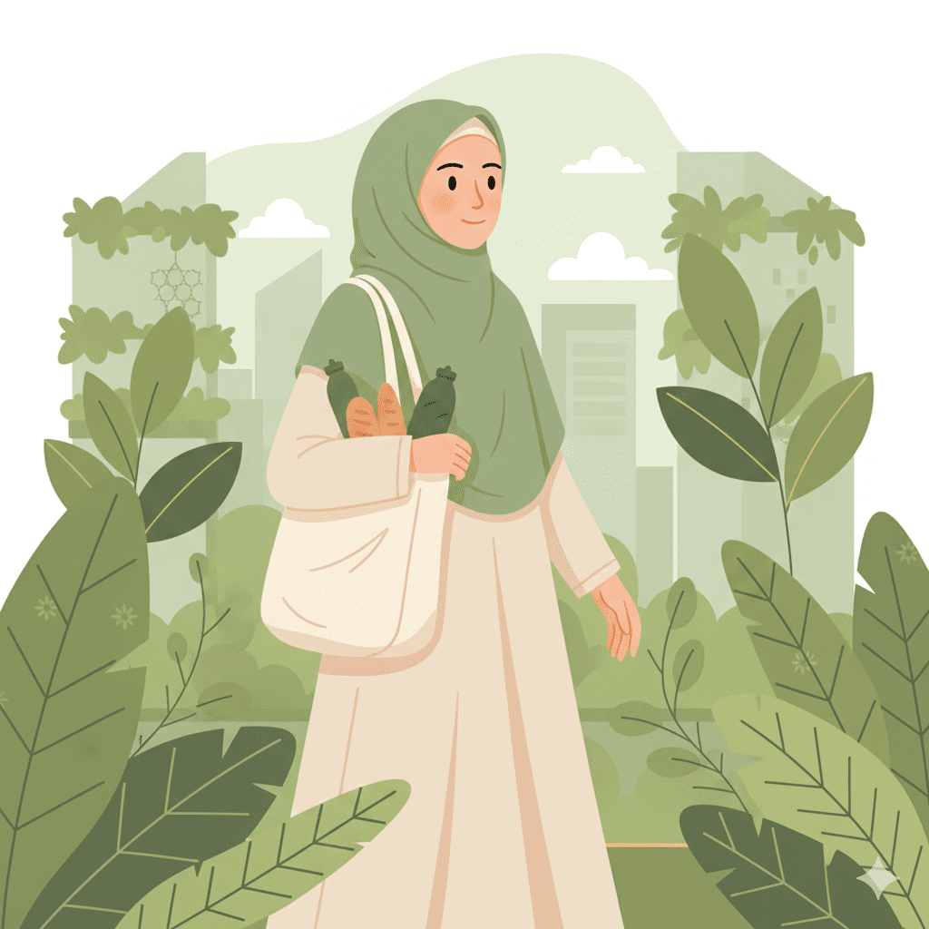 Muslimah memakai hijab ramah lingkungan dari bahan organik sambil membawa tas kain