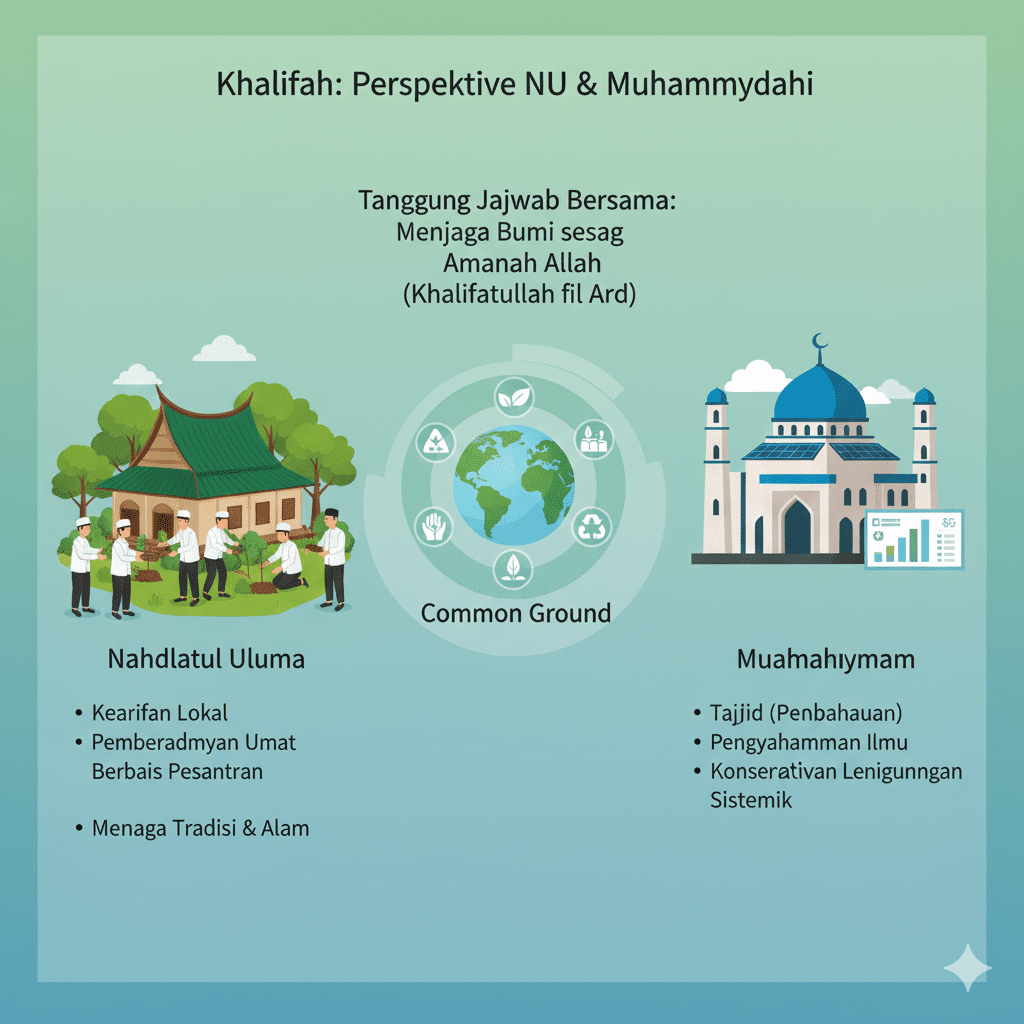 Infografis konsep khalifah NU Muhammadiyah tentang peran muslim sebagai khalifah fil ardh dan penjaga lingkungan.