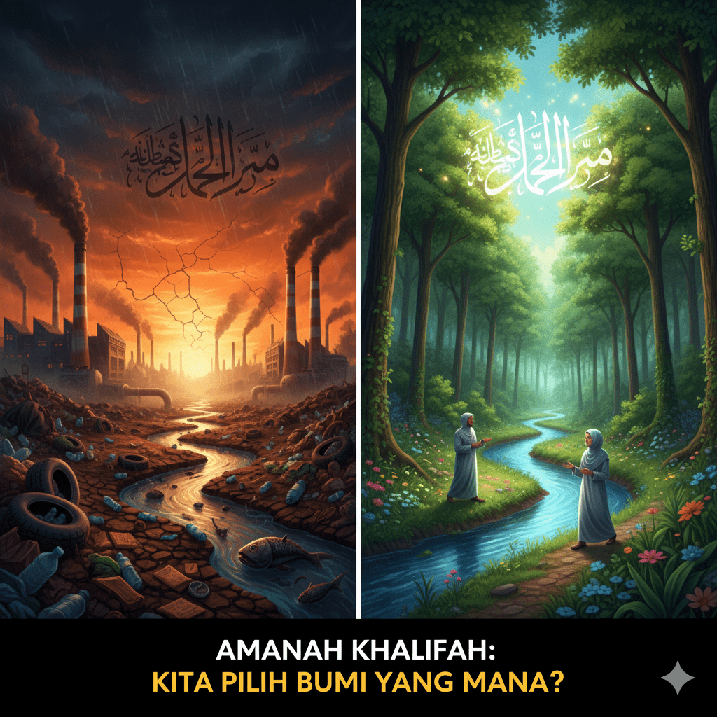 Visual ekologi dalam islam yang membandingkan bumi rusak dan bumi hijau terjaga.