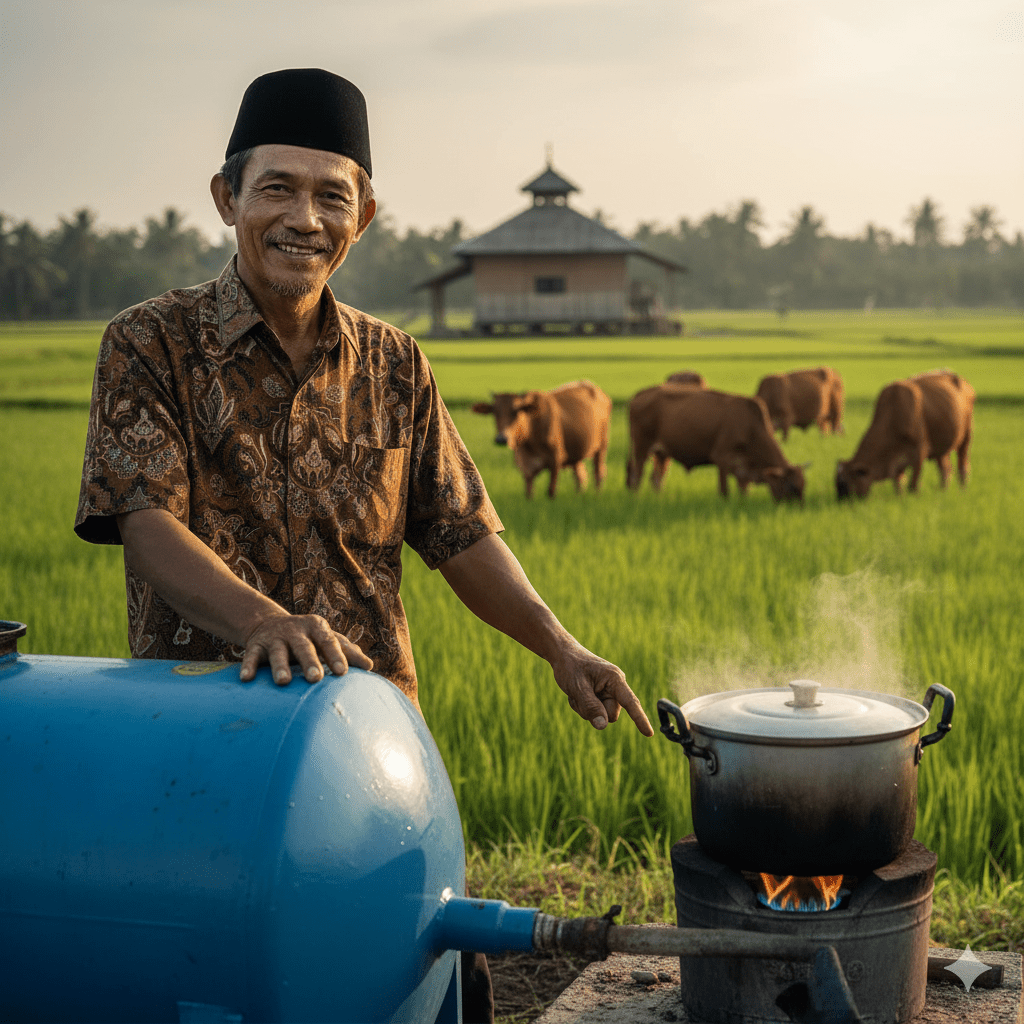 Biogas dari kotoran sapi halal menurut hukum Islam - proses istihālah mengubah najis menjadi energi bersih untuk memasak di pesantren dan masjid Indonesia