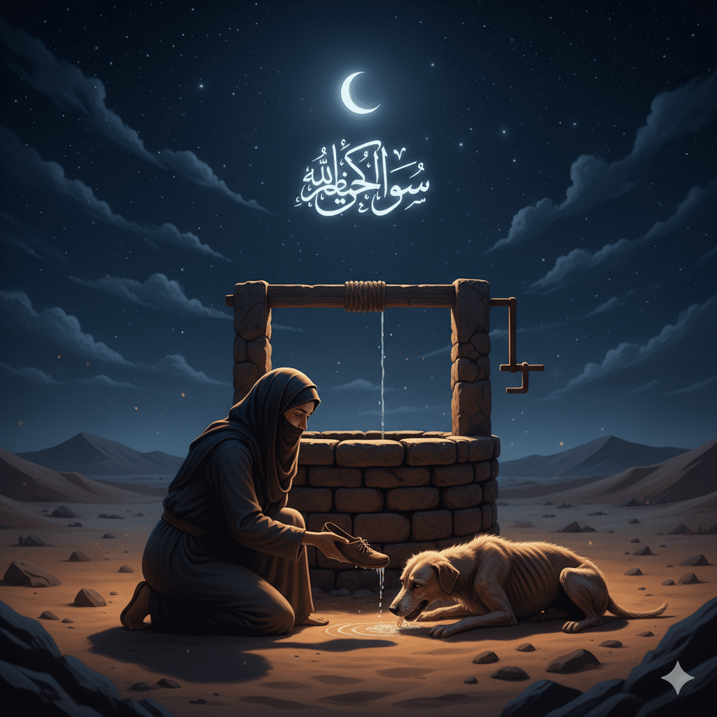 ilustrasi hadits sayang hewan kisah pelacur memberi minum anjing kehausan di tepi sumur”