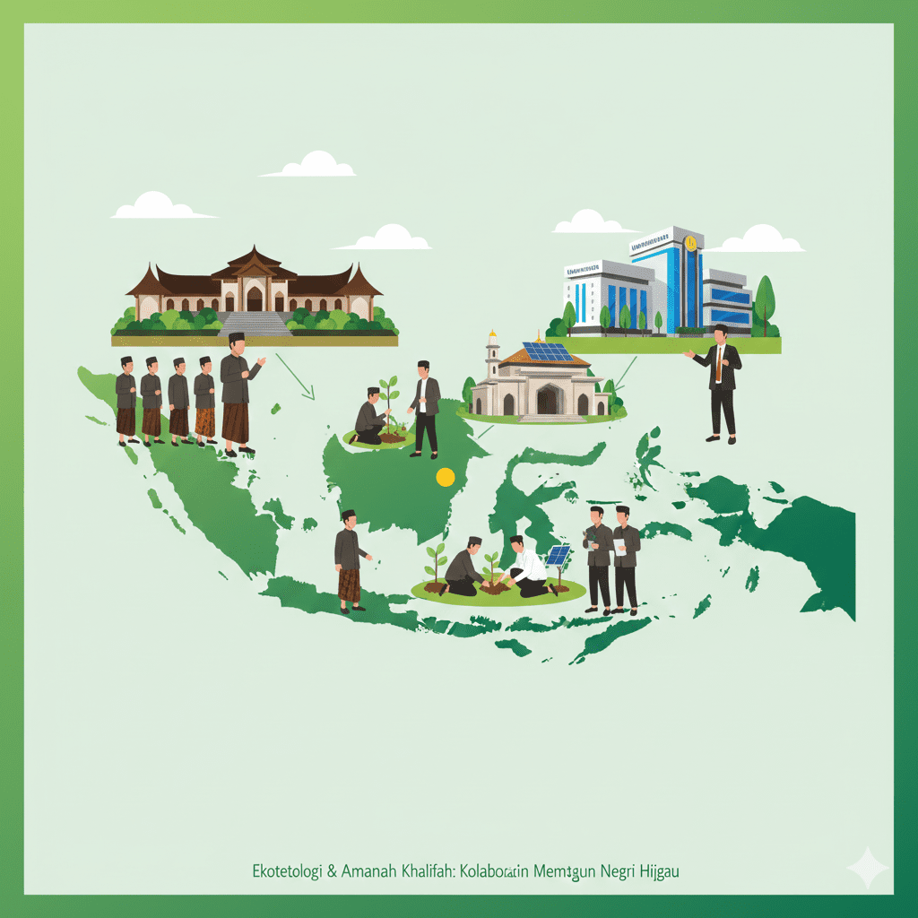 Ilustrasi kolaborasi konsep khalifah NU Muhammadiyah dalam gerakan masjid hijau dan penanaman pohon di Indonesia.