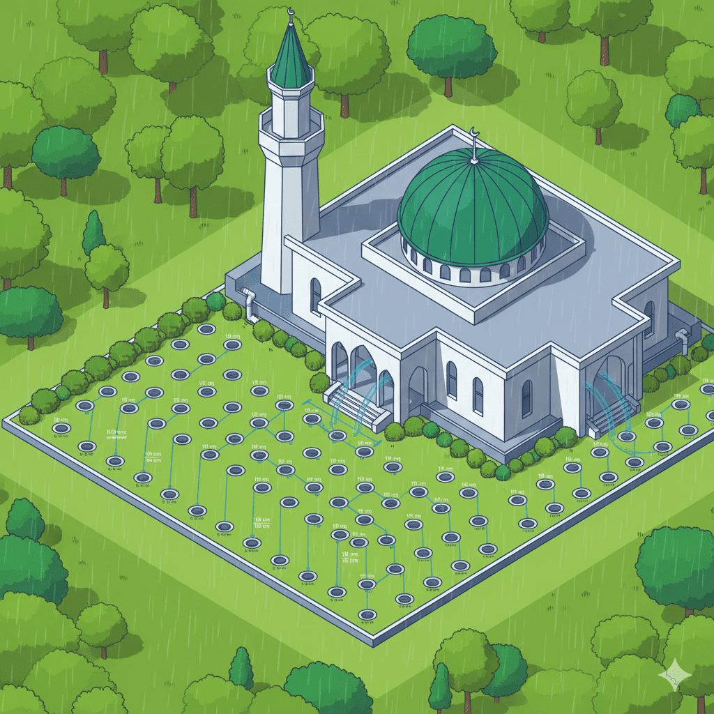 biopori di halaman masjid dengan pola zigzag dan talang air langsung ke lubang resapan