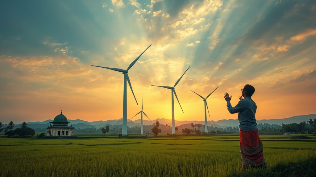 "Turbin energi angin modern di sawah Indonesia melambangkan harmoni antara teknologi energi terbarukan dan nilai-nilai Islam.