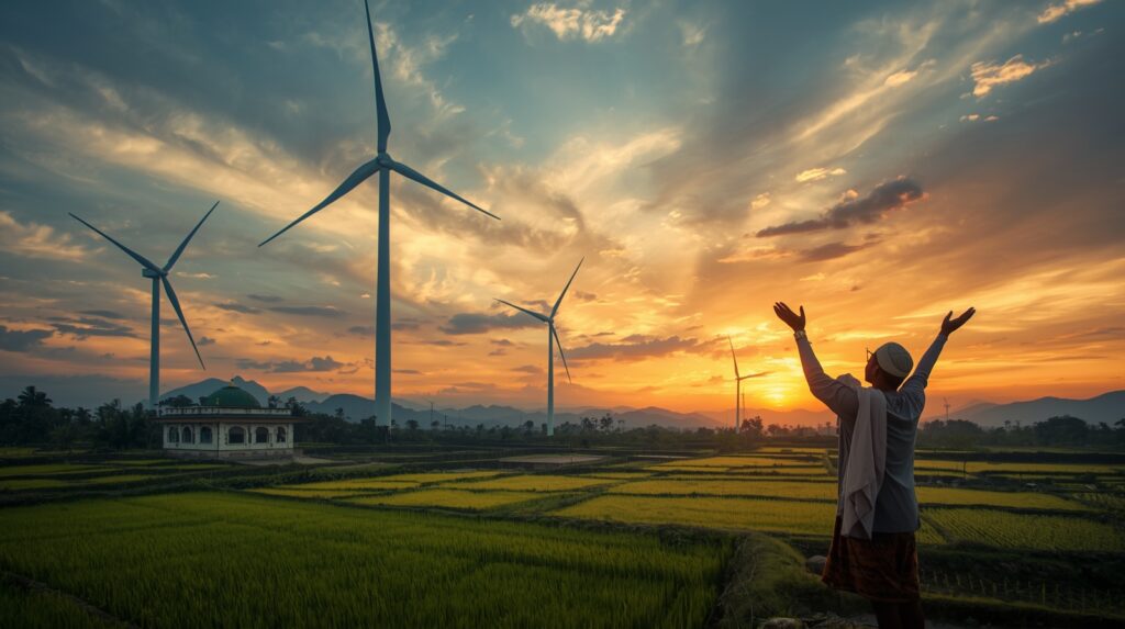 "Energi angin perspektif syariah Islam: turbin angin modern menghasilkan listrik halal di samping masjid Indonesia, petani Muslim bersyukur atas rahmat Allah berupa angin yang dimanfaatkan untuk energi terbarukan ramah lingkungan"