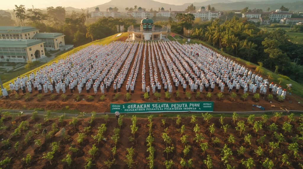 "Gerakan Sejuta Pohon pesantren Indonesia: ratusan santri menanam pohon secara massal di 5 pesantren pelopor (Langitan, Tebuireng, Sidogiri, Gontor, Al-Amin) dengan total 360.000 pohon planted, target kolektif 10 juta pohon dari 28.000 pesantren Indonesia 2025-2030 sebagai sedekah jariyah massal generasi santri untuk menyelamatkan hutan dan lingkungan"