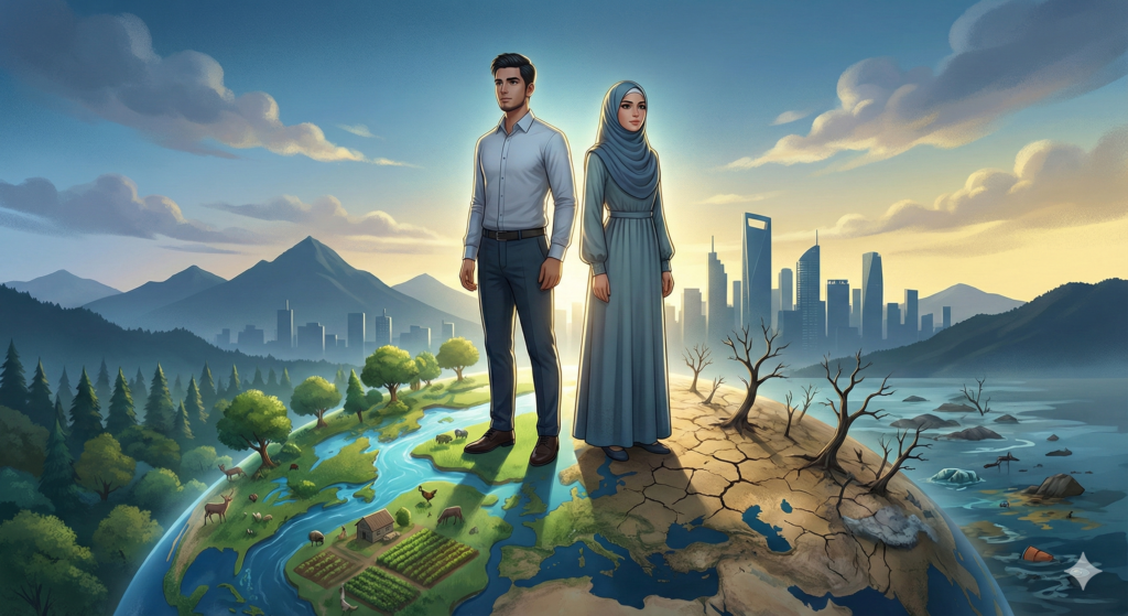 ilustrasi manusia sebagai khalifah dalam islam yang menjaga bumi antara kerusakan dan kemakmuran