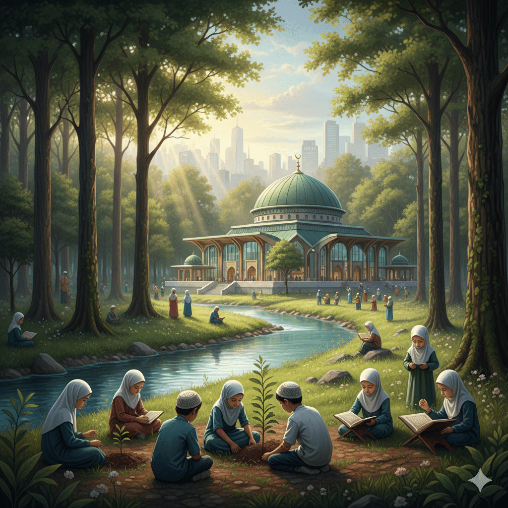 Ilustrasi ekologi dalam islam dengan masjid hijau, pohon rindang, dan sungai bersih.