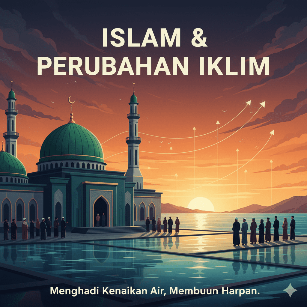 ilustrasi masjid pesisir dan kenaikan permukaan laut sebagai simbol islam dan perubahan iklim
