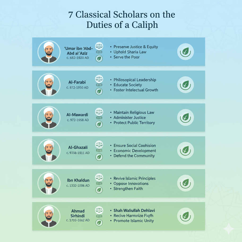 “Infografis vertikal yang menampilkan tujuh ulama klasik Islam dengan ikon buku, timbangan keadilan, dan simbol lingkungan, menjelaskan poin-poin utama tugas khalifah dalam Islam dari perspektif mereka; desain flat modern, warna biru-hijau, mudah dibaca.”
