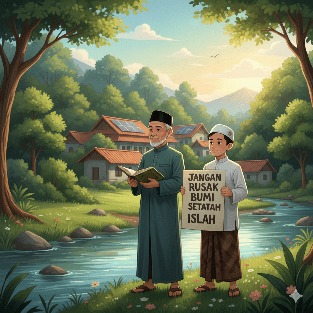 Santri mengkaji tafsir al araf 56 lingkungan sambil menjaga kebersihan sungai di sekitar pesantren.