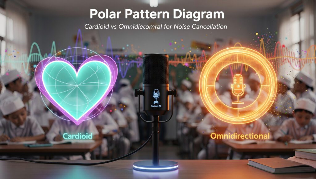 "Diagram polar pattern mikrofon cardioid untuk Noise cancellation Tarteel di lingkungan ramai "