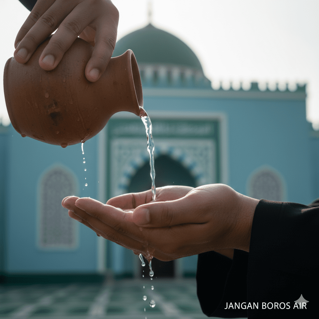 Praktik hemat air wudhu sesuai hadits sahih tentang lingkungan dalam Islam.