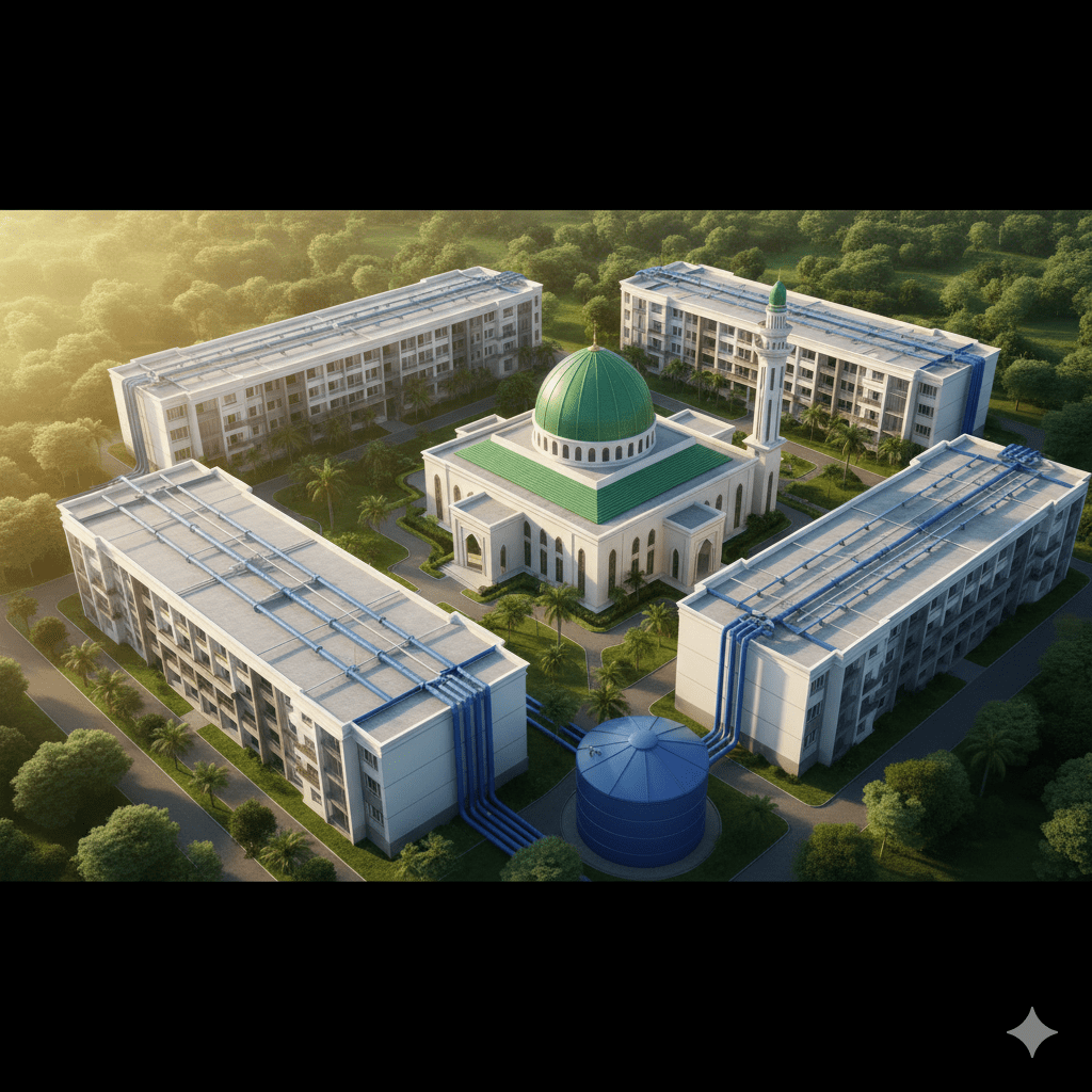 rainwater harvesting pesantren dengan sistem tangkap air hujan di atap masjid dan asrama