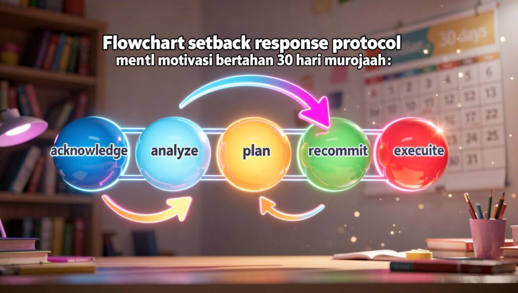 "Flowchart setback response protocol mental motivasi bertahan 30 hari murojaah: acknowledge, analyze, plan, recommit, execute"