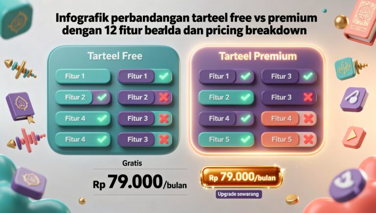 "Infografik perbandingan tarteel free vs premium dengan 12 fitur berbeda dan pricing breakdown"