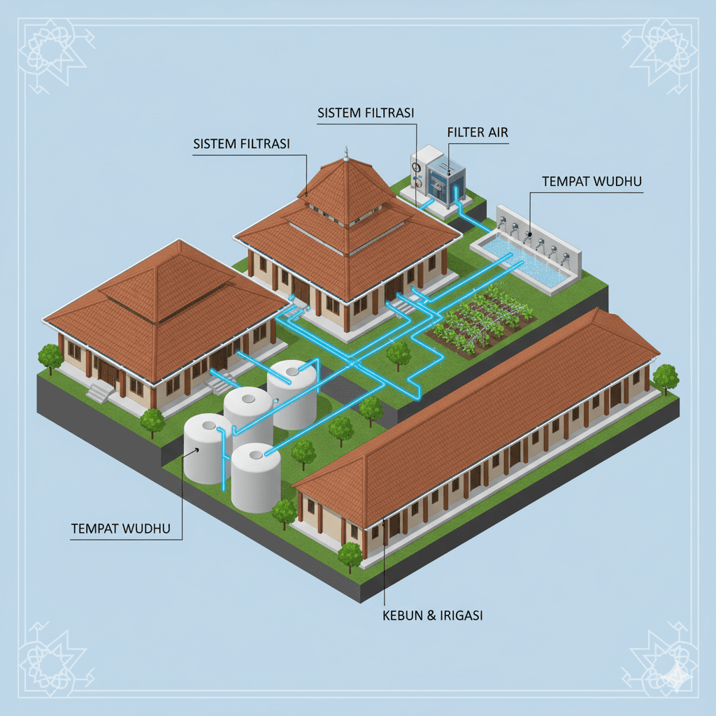 rainwater harvesting pesantren dengan sistem tangkap air hujan di atap masjid dan asrama