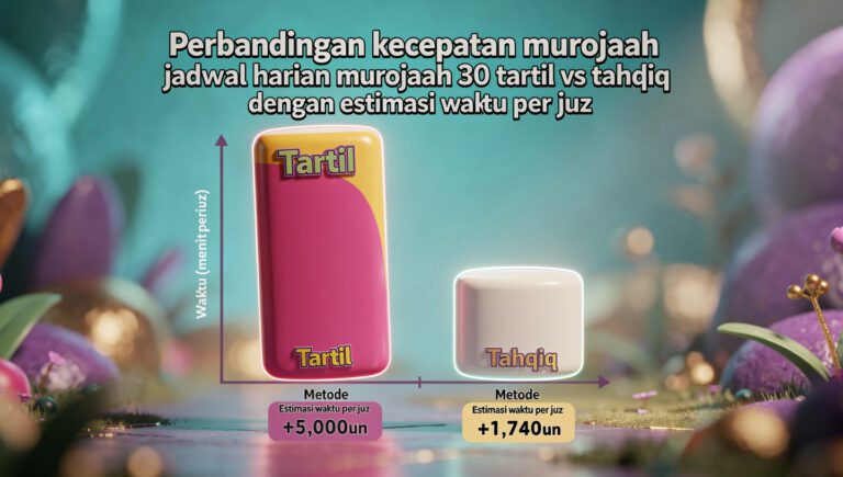 "Perbandingan kecepatan murojaah untuk jadwal harian murojaah 30 juz: tartil vs tahqiq dengan estimasi waktu per juz"
