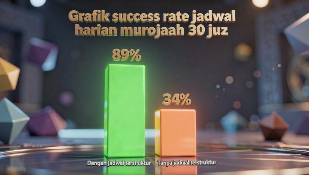 "Grafik success rate jadwal harian murojaah 30 juz dengan vs tanpa jadwal terstruktur 89% vs 34%"