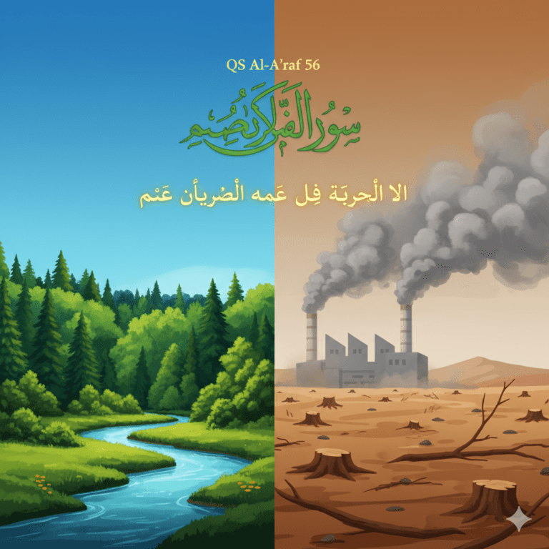 Infografis tafsir al araf 56 lingkungan tentang larangan merusak bumi setelah Allah memperbaikinya.
