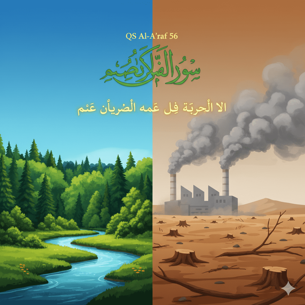 Infografis tafsir al araf 56 lingkungan tentang larangan merusak bumi setelah Allah memperbaikinya.