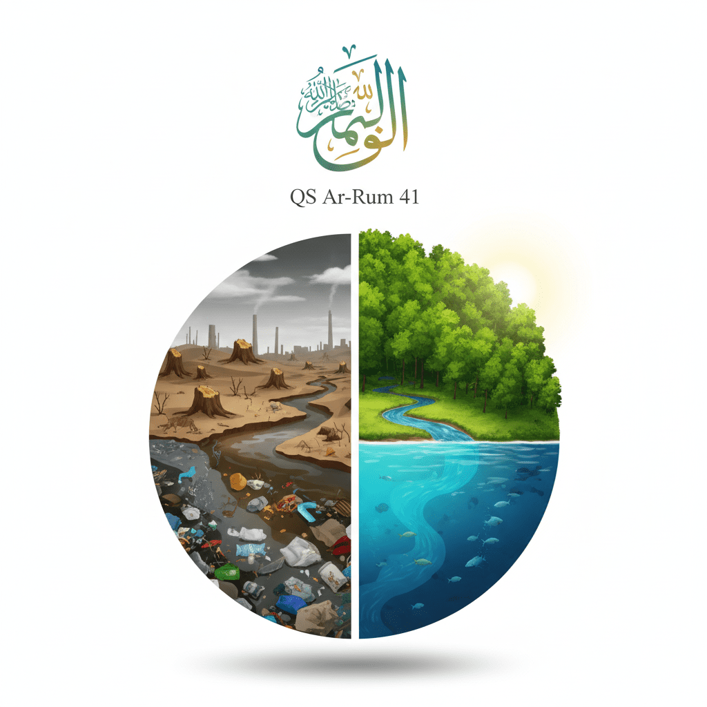 Infografis tafsir ar rum 41 kerusakan darat dan laut akibat perbuatan tangan manusia dalam perspektif islam.