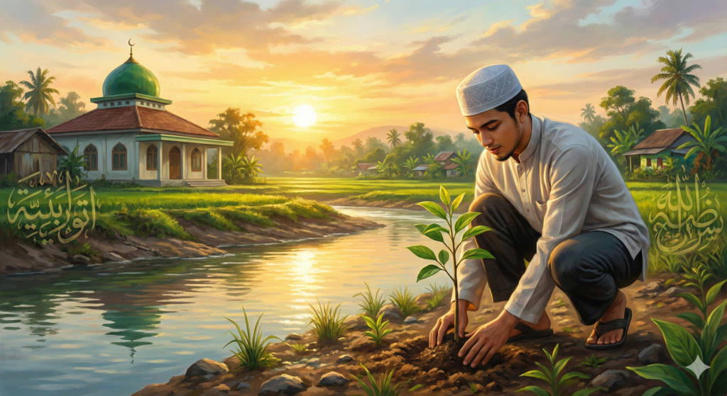 Ilustrasi muslim menanam pohon sebagai implementasi tafsir ar rum 41 kerusakan dan upaya yarjiun.
