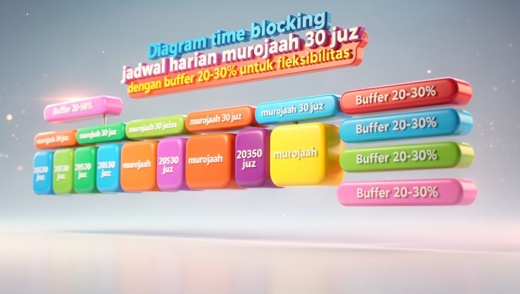 "Diagram time blocking jadwal harian murojaah 30 juz dengan buffer 20-30% untuk fleksibilitas"