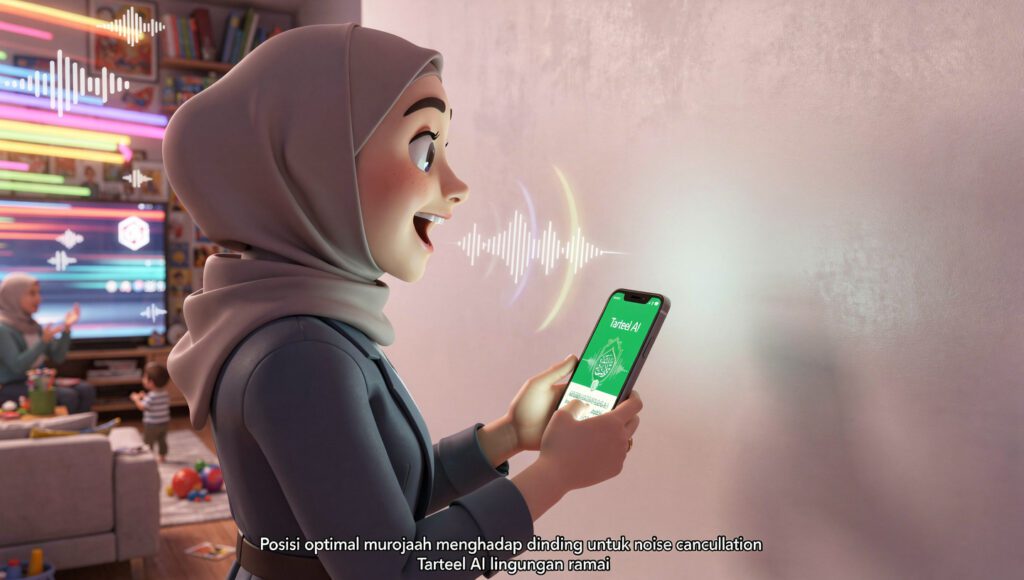 "Posisi optimal murojaah menghadap dinding untuk noise cancellation tarteel di lingkungan ramai"