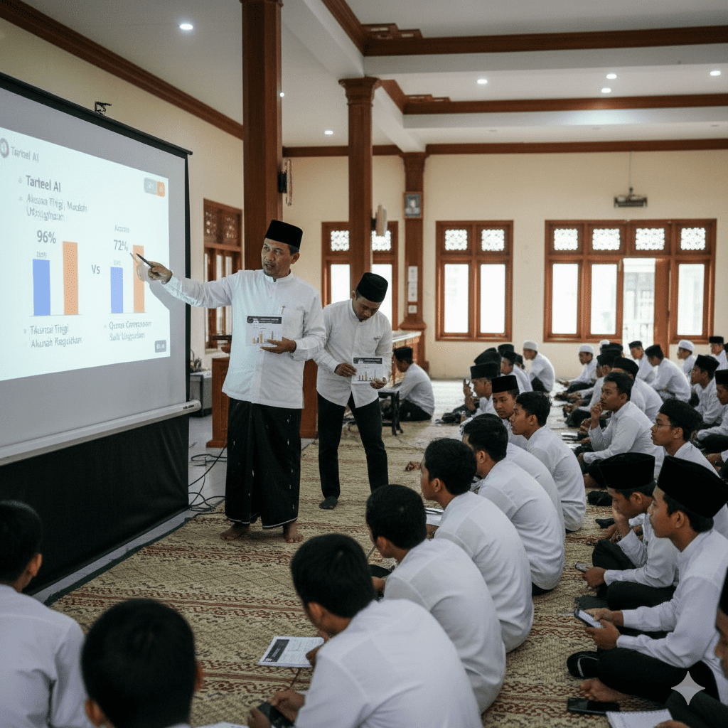 Workshop pesantren membahas perbandingan Tarteel AI dan Quran Companion berdasarkan studi kasus santri