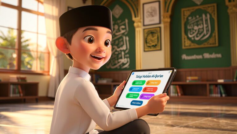 Santri menggunakan tablet dengan aplikasi AI untuk belajar Al-Qur'an di pesantren modern, menggambarkan integrasi teknologi dalam pendidikan agama Islam